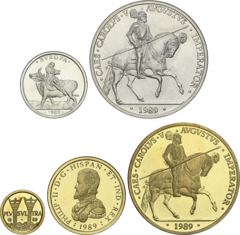 Serie 5 monedas 1, 5, 10, 50 y 100 Ecu. 1989. AR (2) y AU (3). Rapto de Europa, ...