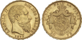 20 Francs. 1877. LEOPOLD II. 6,41 grs. AU. Fr-412; KM-37. EBC-.