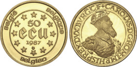 50 Ecu. 1987. 17,27 grs. AU. Carlos V. Fr-427; KM-167. PROOF.