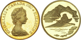 100 Dollars. 1980. ELIZABETH II. 16,87 grs. AU. Territorios Árticos: Esquimal en Kayak. En estuche original con certificado. Fr-11; KM-129. PROOF.