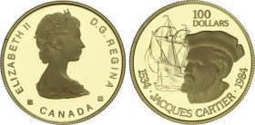 100 Dollars. 1984. ELIZABETH II. 16,86 grs. AU. Jacques Cartier. En estuche original, con certificado. Fr-15; KM-142. PROOF.