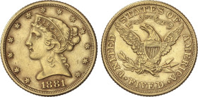 5 Dollars. 1881. 8,32 grs. AU. Coronet Head. (Leves golpecitos). Fr-145; KM-101. MBC+.