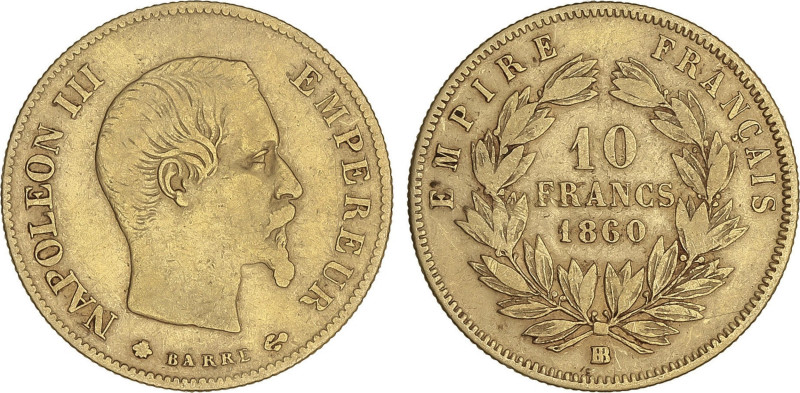 10 Francos. 1860-BB,. NAPOLEÓN III. STRASBOURG. 3,16 grs. AU. Fr-577; KM-802. MB...