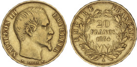 20 Francs. 1854-A. NAPOLEON III. PARIS. 6,40 grs. AU. KM-781.1. MBC+.