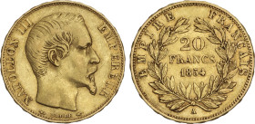 20 Francs. 1854-A. NAPOLEÓN III. PARIS. 6,4 grs. AU. Fr-573; KM-781.1. MBC.