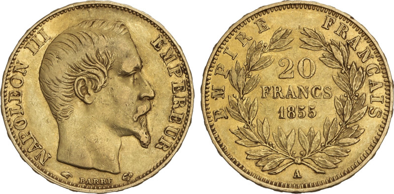 20 Francs. 1855-A. NAPOLEÓN III. PARIS. 6,42 grs. AU. Fr-573; KM-781.1. MBC.