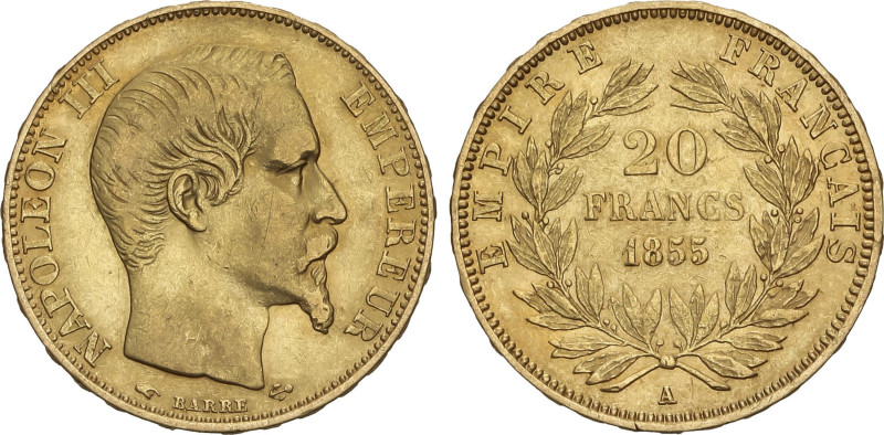 20 Francs. 1855-A. NAPOLEÓN III. PARIS. 6,43 grs. AU. Fr-573; KM-781.1. MBC.