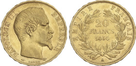 20 Francs. 1856-A. NAPOLEON III. PARIS. 6,37 grs. AU. Fr-573; KM-781.1. MBC.