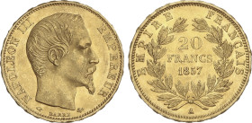 20 Francs. 1857-A. NAPOLEÓN III. PARIS. 6,42 grs. AU. Fr-573; KM-781.1. MBC+.