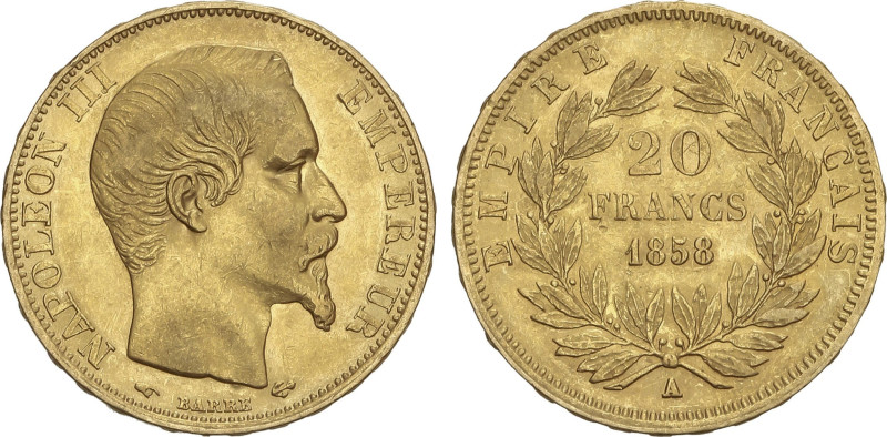 20 Francs. 1858-A. NAPOLEÓN III. PARIS. 6,4 grs. AU. (Rayitas). Fr-573; KM-781.1...