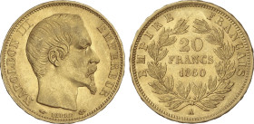 20 Francs. 1860-A. NAPOLEON III. PARIS. 6,42 grs. AU. Fr-573; KM-781.1. MBC+.