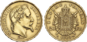 20 Francos. 1868-A. NAPOLEÓN III. PARÍS. 6,40 grs. AU. (Leves golpecitos). (Probablemente descolgada). Fr-584; KM-801.1. MBC+.