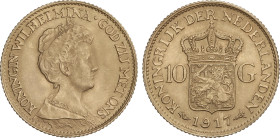 10 Gulden. 1917. WILHELMINA I. 6,7 grs. AU. Fr-349; KM-149. SC.