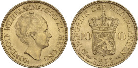 10 Gulden. 1932. WILHELMINA I. 6,69 grs. AU. Fr-351; KM-162. SC.
