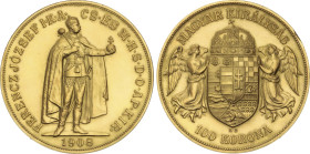 100 Korona. 1908-KB. FERENCZ JOZSEF I. KREMNITZ. 33,86 grs. AU. Reacuñación oficial (Restrike). Fr-249R; KM-491. SC.