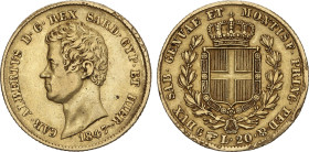 20 Lire. 1847-P. CARLOS ALBERTO. CERDEÑA. TORINO. 6,42 grs. AU. Cabeza de águila. C-115.1. MBC.