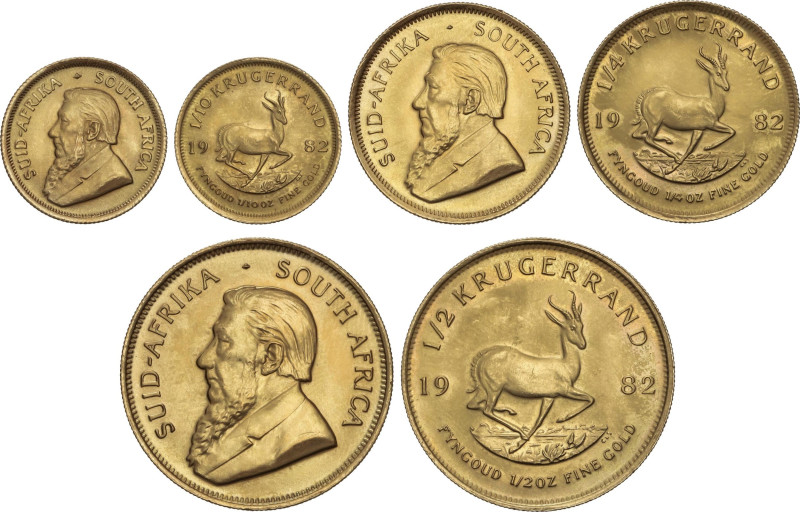 Lote 3 monedas 1/10, 1/4, 1/2 Krugerrand. 1982. 3,4,8,47,16,94 grs. AU. KM-105, ...