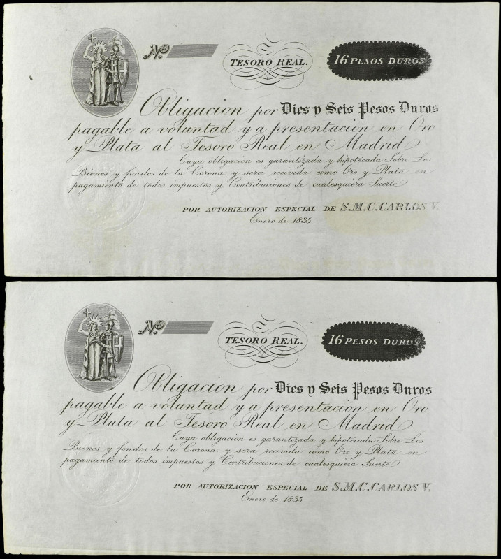 Lote 2 billetes 16 Pesos Duros. Enero 1835. CARLOS V PRETENDIENTE. TESORO REAL. ...