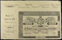 Lote 2 billetes 100 Reales de Vellón. 14 Mayo 1857. BANCO DE ZARAGOZA. Serie A. Con matriz, margen superior y sin firmas. Pareja correlativa. Ed-126B....