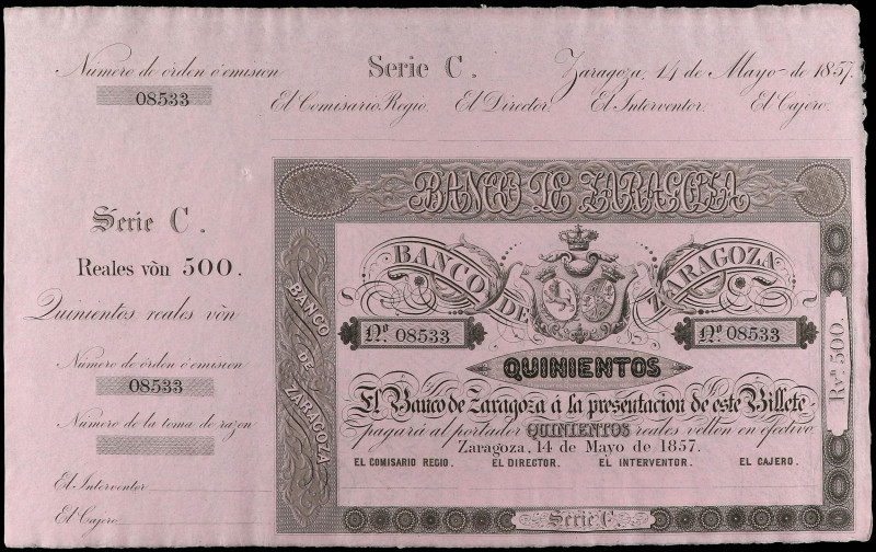 Lote 2 billetes 500 Reales de Vellón. 14 Mayo 1857. BANCO DE ZARAGOZA. Serie C. ...