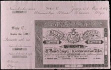 Lote 2 billetes 500 Reales de Vellón. 14 Mayo 1857. BANCO DE ZARAGOZA. Serie C. Con matriz, margen superior y sin firmas. Pareja correlativa. Ed-128B....