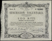 Suscripción Voluntaria 100 Reales de Vellón. 30 Mayo 1870. CARLOS VII PRETENDIENTE. LA TOUR DE PEILZ. ESCASO. Ed-196. EBC.