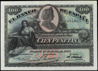 100 Pesetas. 15 Julio 1907. Catedral de Sevilla. Los dos con Sello en seco de GOBIERNO PROVISIONAL DE LA REPÚBLICA. Ed-343. EBC-.