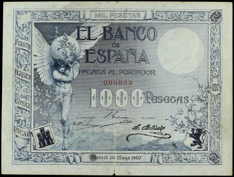 1.000 Pesetas. 10 Mayo 1907. Ángel. Sello en seco de Estado Español. BURGOS. (Ro...