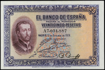 Lote 2 billetes 25 Pesetas. 12 Octubre 1926. San Francisco Xavier. Serie A. Pareja correlativa. Los dos con Sello en seco de GOBIERNO PROVISIONAL DE L...