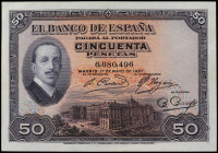 50 Pesetas. 17 Mayo 1927. Alfonso XIII. Sello en seco de GOBIERNO PROVISIONAL DE LA REPÚBLICA y del Estado Español BURGOS. (Arruguitas). Ed-406A. EBC....