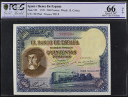 500 Pesetas. 7 Enero 1935. Hernán Cortés. Precintado y garantizado por PCGS como GEM UNC OPQ (nº 699777.66/37561041). Ed-365.