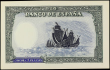 Prueba de reverso de un billete NO EMITIDO de 50 Pesetas. (1937 ca.). Cartulina delgada. Marco verde, galeras marrón y fondo azul. Ejemplar procedente...