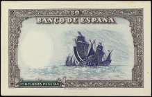 Prueba de reverso de un billete NO EMITIDO de 50 Pesetas. (1937 ca.). Cartulina delgada. Marco marrón, galeras azuln y fondo verde. Ejemplar procedent...