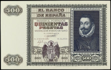 Prueba de anverso 500 Pesetas. 9 Enero 1940. Juan de Austria. Sin numeración y sin firma del cajero, marco negro/verde oscuro, fondo marrón oscuro y r...