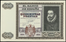Prueba de anverso 500 Pesetas. 9 Enero 1940. Juan de Austria. Sin numeración y sin firma del cajero, marco marrón oscuro, fondo violeta y retrato negr...
