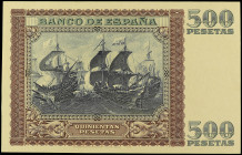 Prueba del reverso 500 Pesetas. 9 Enero 1940. Juan de Austria. Marco castaño, fondo negro, letras verdes. En papel con tono anaranjado. Con certificad...