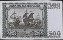 Prueba del reverso 500 Pesetas. 9 Enero 1940. Juan de Austria. Marco verde, fondo y letras marrones. En papel con tono azulado. Con certificado Cartam...