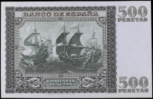 Prueba del reverso 500 Pesetas. 9 Enero 1940. Juan de Austria. Marco gris oscuro?, fondo verde oscuro y marrón. En papel con tono azulado. Con certifi...