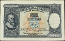 Prueba de anverso y reverso de un billete NO EMITIDO de 1.000 Pesetas. 18 Julio 1937. Cartulina delgada. Álvaro de Bazán. Batalla de Pavía. NO EMITIDO...