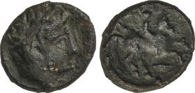 AE 18. 359-336 a.C. FILIPO II. MACEDONIA. Anv.: Cabeza de Apolo a derecha. Rev.: Jinete a derecha, (encima leyenda), debajo punta de flecha. 6,23 grs....