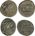 Lote 2 monedas AE 17 y 18. 336-323 d.C. ALEJANDRO MAGNO. MACEDONIA. Anv.: Cabeza de Hércules con piel de león a derecha. Rev.: Arco y carcaj, debajo m...