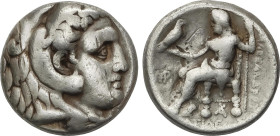 Tetradracma. 336-323 a.C. ALEJANDRO MAGNO. MACEDONIA. Anv.: Cabeza de Hércules con piel de león a derecha. Rev.: Zeus entronizado a izquierda, debajo ...