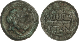 AE 20. Posterior al 148 a.C. AMPHIPOLIS. MACEDONIA. Anv.: Cabeza de Poseidón a derecha. Rev.: Clava entre leyendas dentro de corona. 8,28 grs. AE. Pát...