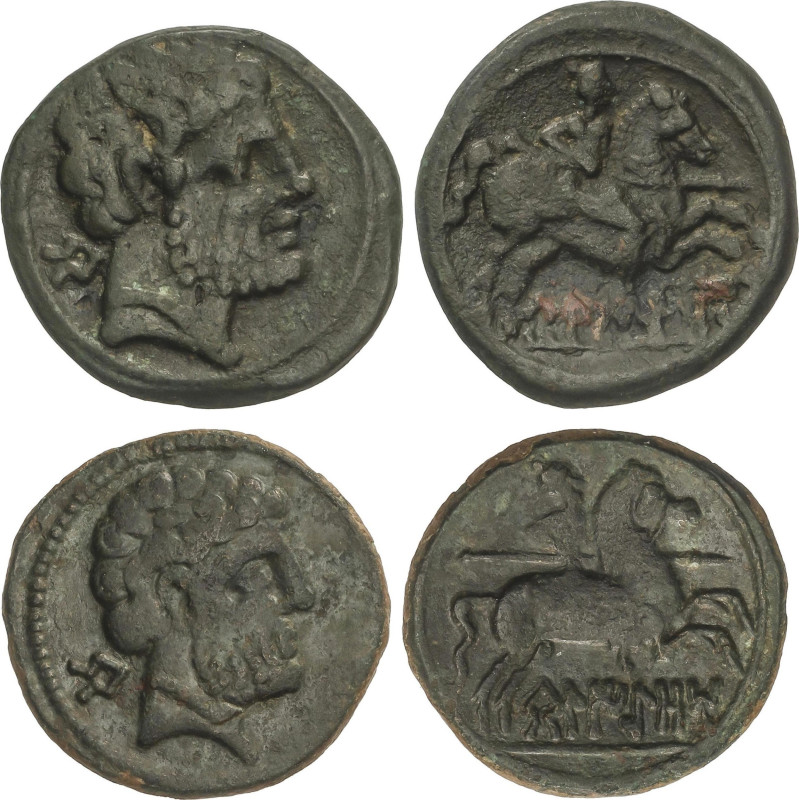 Lote 2 monedas As. 120-20 a.C. BELIGIOM (BELCHITE, Zaragoza). Anv.: Cabeza barba...