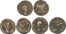 Lote 3 monedas As. 14-36 d.C. ÉPOCA DE TIBERIO. CALAGURRIS (CALAHORRA, La Rioja). Anv.: Cabeza laureada de Tiberio, alrededor leyenda. Rev.: Toro a de...