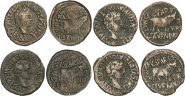 Lote 4 monedas As. 14-36 d.C. ÉPOCA DE TIBERIO. CALAGURRIS (CALAHORRA, La Rioja). Anv.: Cabeza laureada de Tiberio, alrededor leyenda. Rev.: Toro a de...