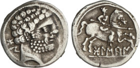 Denario. 180-20 a.C. BOLSCAN (HUESCA). Anv.: Cabeza barbada a derecha, detrás BoN. Rev.: Jinete con lanza a derecha, debajo leyenda ibérica BoLSCaN. 3...