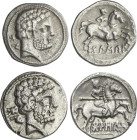 Lote 2 monedas Denario. 180-20 a.C. BOLSCAN (HUESCA). Anv.: Cabeza barbada a derecha, detrás letras ibéricas BoN. Rev.: Jinete con lanza a derecha, de...
