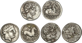 Lote 3 monedas Denario y denario forrado. 180-20 a.C. BOLSCAN (HUESCA). 3,25, 3,41, 3,49 grs. AR y AE+AR. A EXAMINAR. AB-1911, 1917. BC a MBC-.