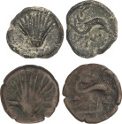 Lote 2 monedas Cuadrante. 170-20 a.C. ARSE (SAGUNTO, Valencia). AE. AB-2051 anverso: concha. Reverso: Delfín a derecha, encima tres puntos debajo letr...
